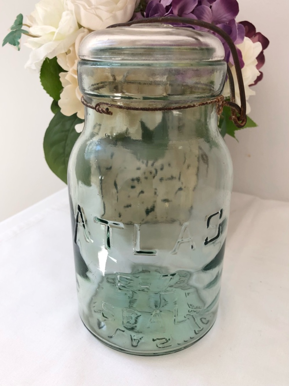 Antique 1900’s Atlas E-Z Seal #8 Green Glass Quart Jar With Bubbles